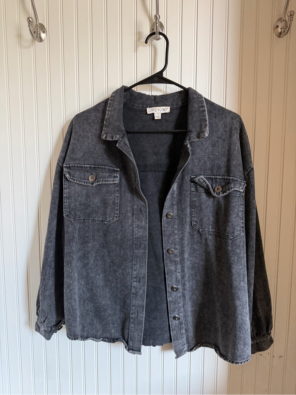 Vintage Washed Black Denim Jacket with Chest Pockets